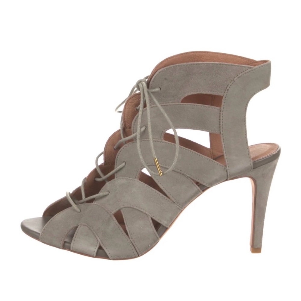Joie Sadi Grey Suede Lace Up Heeled Sandals Cage Heels 8 or 37.5